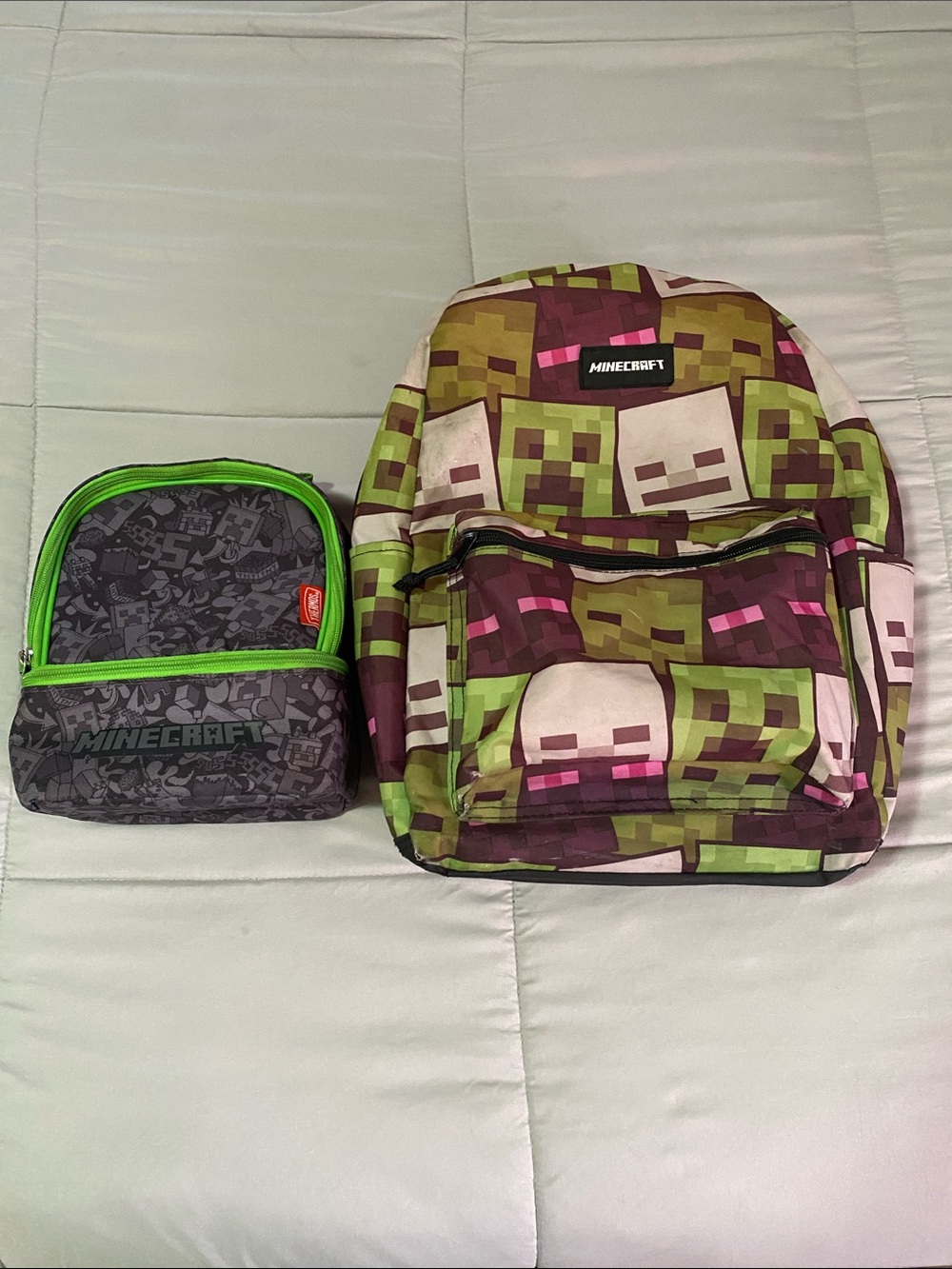 Minecraft Creeper Pixel Backpack with Matching Lunch Bag - Green & Pink Accents